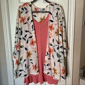 Coral textured Hailey 23 tank and Sunny + 74 (Stitch Fix) pompon trim kimono